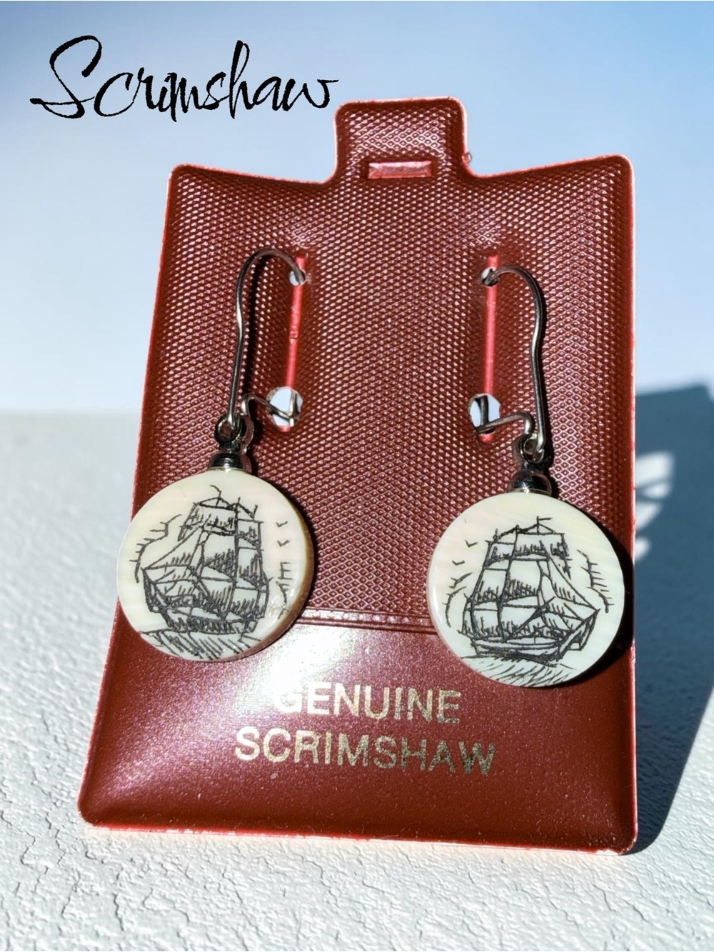 Vintage Scrimshaw Jewelry Lot Ship Motif Earrings & Pendant Necklace